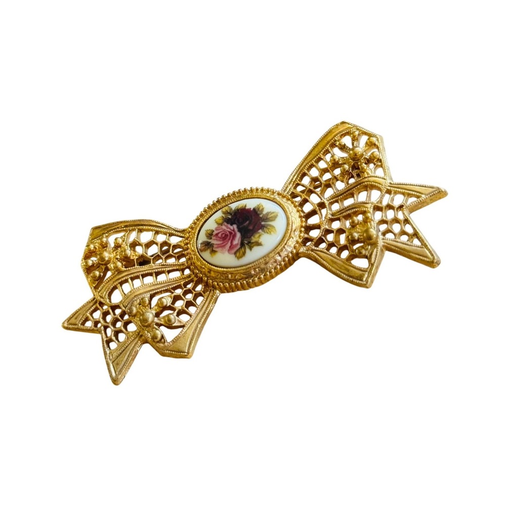 VTG 1928 Co French‎ Bow Rose Motif Brooch pin Flower Regal Gold Large Regency